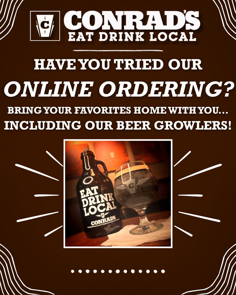 Yes, you heard us right. 
We have ONLINE ORDERING at our Liberty AND Kearney locations! 🎉
Skip the wait and enjoy your favorites from the comfort of your own home! 
Don’t forget to grab a growler of your favorite draft beer.
Cheers! 🍻
#EatDrinkLocal #Conrads816 #NorthlandProud