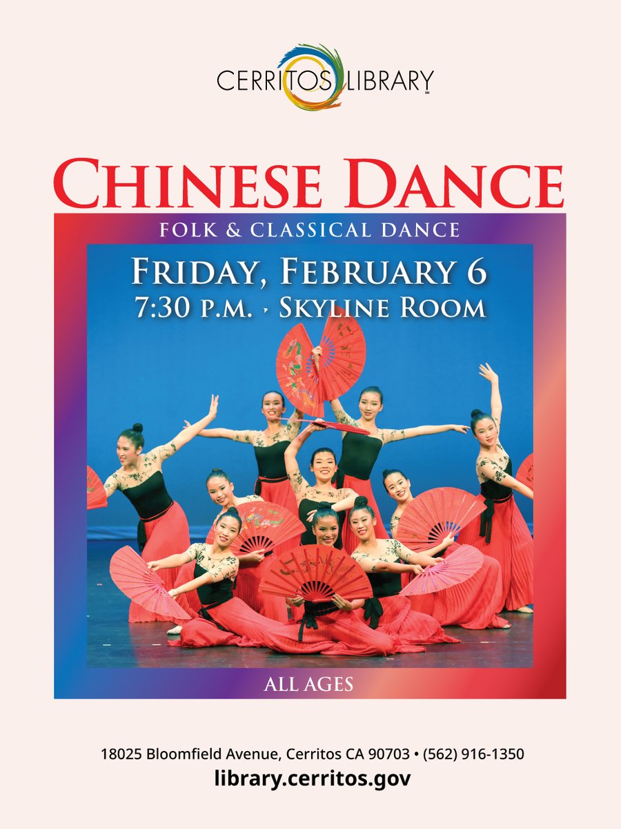Students of all ages from Ling’s Dance Academy will perform a selection of award-winning Chinese folk and classical dances at 7:30 p.m. on Friday, February 6 at the Cerritos Library. The academy is highly regarded within the Chinese dance community for its regular performances.