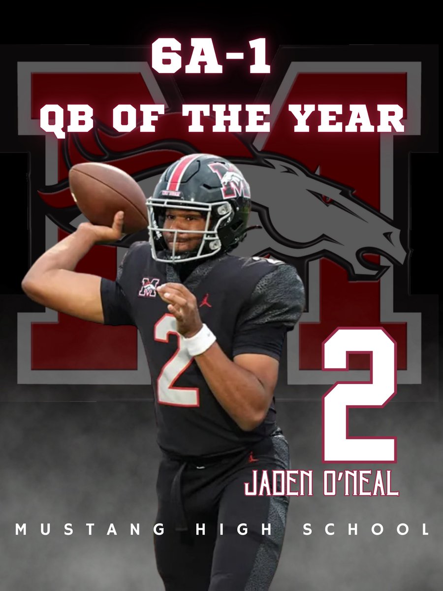 1BroncoFootball's tweet photo. Your Mustang Bronco 6A-1 QB of the year is none other than Mustang’s own Jaden O’Neal 🐎#PlayPhast https://t.co/NoEa5IYEG2