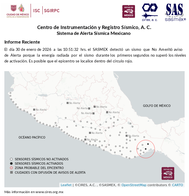 SASMEX's tweet image. Informe preliminar del #Sismo detectado el 30-ene-26 a las 10:51:32 hrs.  #TenemosSismo #LaPrevenciónEsNuestraFuerza