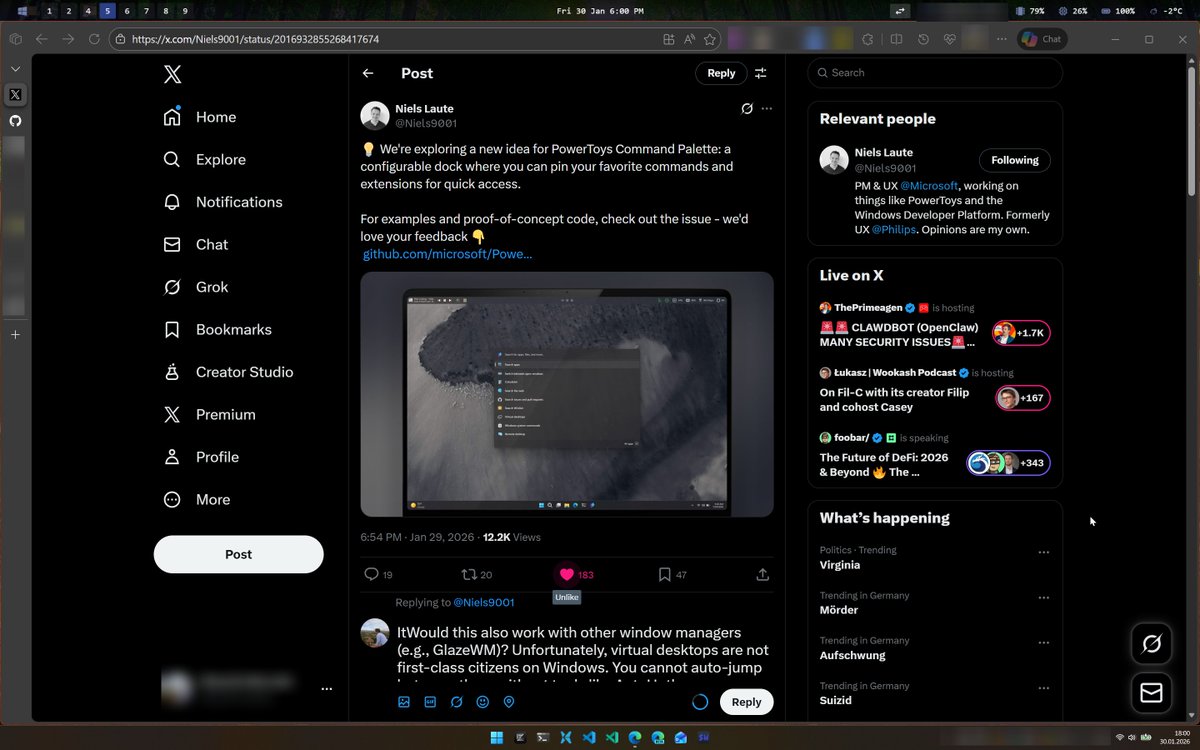 eamercadoq's tweet photo. @Niels9001 Would this also work with other window managers (e.g., GlazeWM)? Unfortunately, virtual desktops are not first-class citizens on Windows. You cannot auto jump between them without tools like AutoHotkey. Zeebar here as example. https://t.co/VJa6oXBfTt