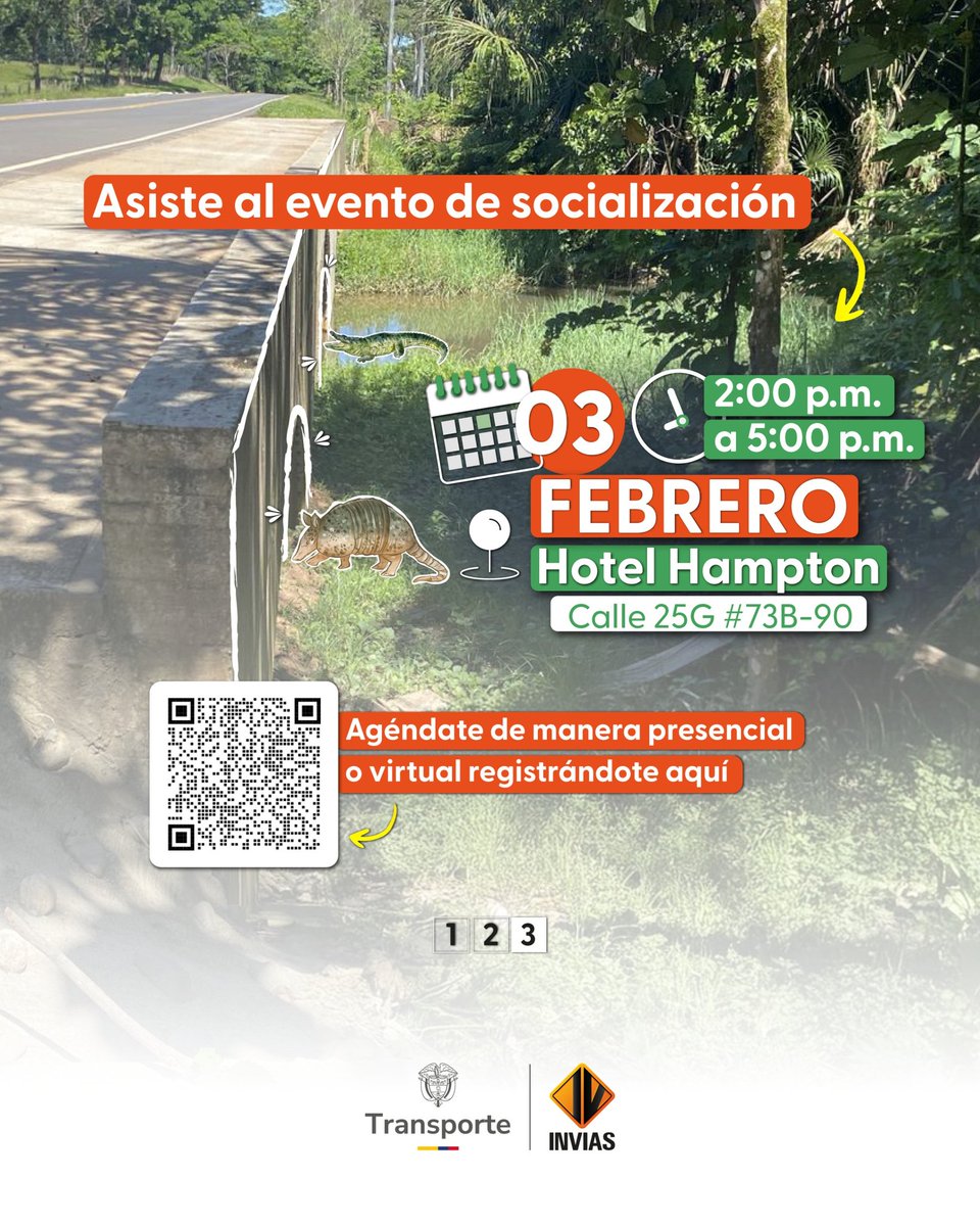 InviasOficial's tweet photo. Nos vemos el 3 de febrero de 2:00 p.m a 5:00 p.m en el Auditorio Hotel Hampton (Calle 25G #73B – 90 ) Para la socialización de la Guía de Lineamientos para la Mitigación del Atropellamiento de Fauna en las Vías Nacionales🐒 https://t.co/8esbyFETQ8