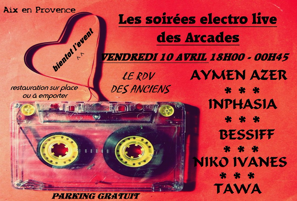 VOICI LE LINE UP DU VENDREDI 10 AVIRL
 pas de hard techno, pas de hard style, mais de la techno mélodique, minimal, acid, et groovy !
📌LE RDV DES ANCIENS
START 18h00 comme dab, car ca ferme tot, 
Des petits plats vous seront proposé sur place ou à emporter
Bientôt l'event.