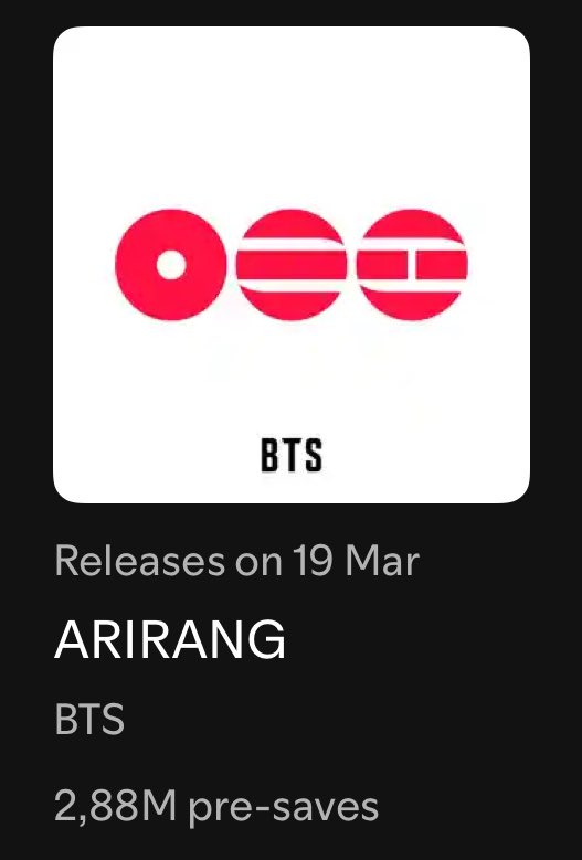btschartsdailyc's tweet image. 📊| #BTS_ARIRANG remains at #1 and has surpassed 2.88M (+40k) pre-save on Spotify Countdown! 🚨

🚨PRE-SAVE NOW: open.spotify.com/prerelease/1Dc…