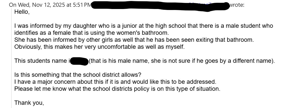 scarlett4kids's tweet image. 🚨WOKE INSANITY ALERT: In New Richmond, WI, a grown male gets the girls’ high school bathrooms. The girls who object are told to literally take a hike, a long one to a "single stall bathroom." 

You know the one put there for transgender students, but now used by all the girls