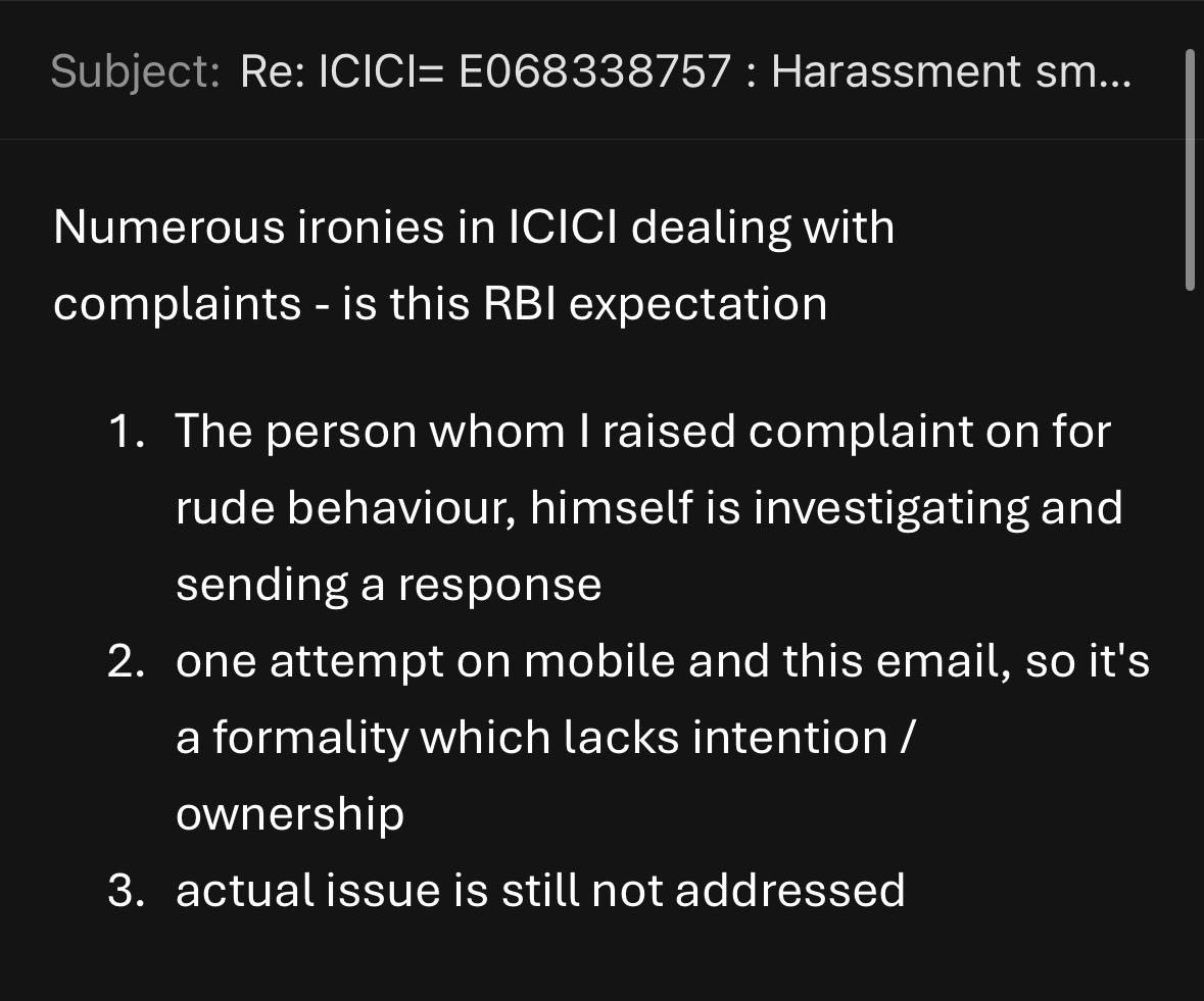 smartemmi's tweet photo. Dear ⁦⁦@ICICIBank⁩ @ICICIBank_Care in which bank or as per which ⁦@RBI⁩ guidelines your guys handle complaints ? Surprised to see the person who i complained against himself is investigating my complaint https://t.co/PQBhfBCWVD