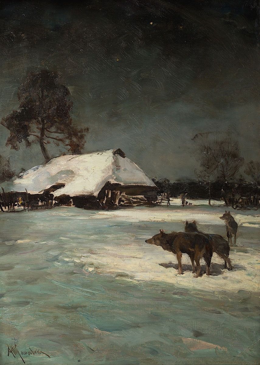 Alfred Wierusz-Kowalski - Wilki (olej na płótnie, 51 x 37 cm), przed 1900. #PolishMastersofArt
