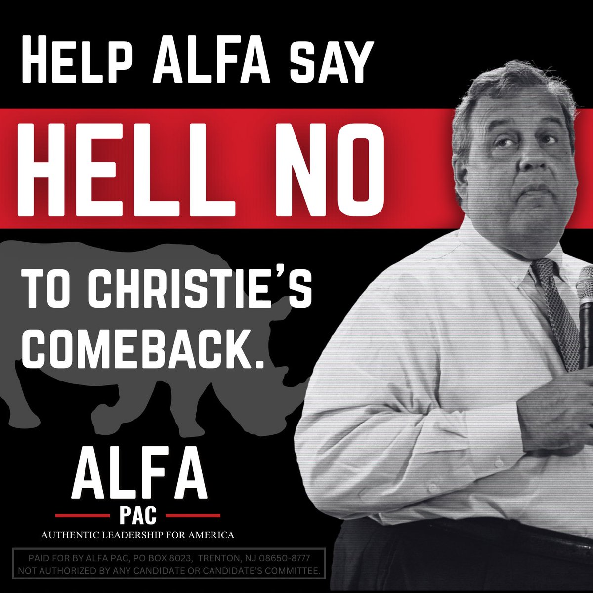RUNWITHALFA's tweet photo. Sorry Chris, but New Jersey is no longer on the menu for you.

Help ALFA PAC stop failed anti-Trump RINO Chris Christie from taking over the Republican party and interfering with our elections.

https://t.co/chYNgEJLqr https://t.co/9m20vLbdeA