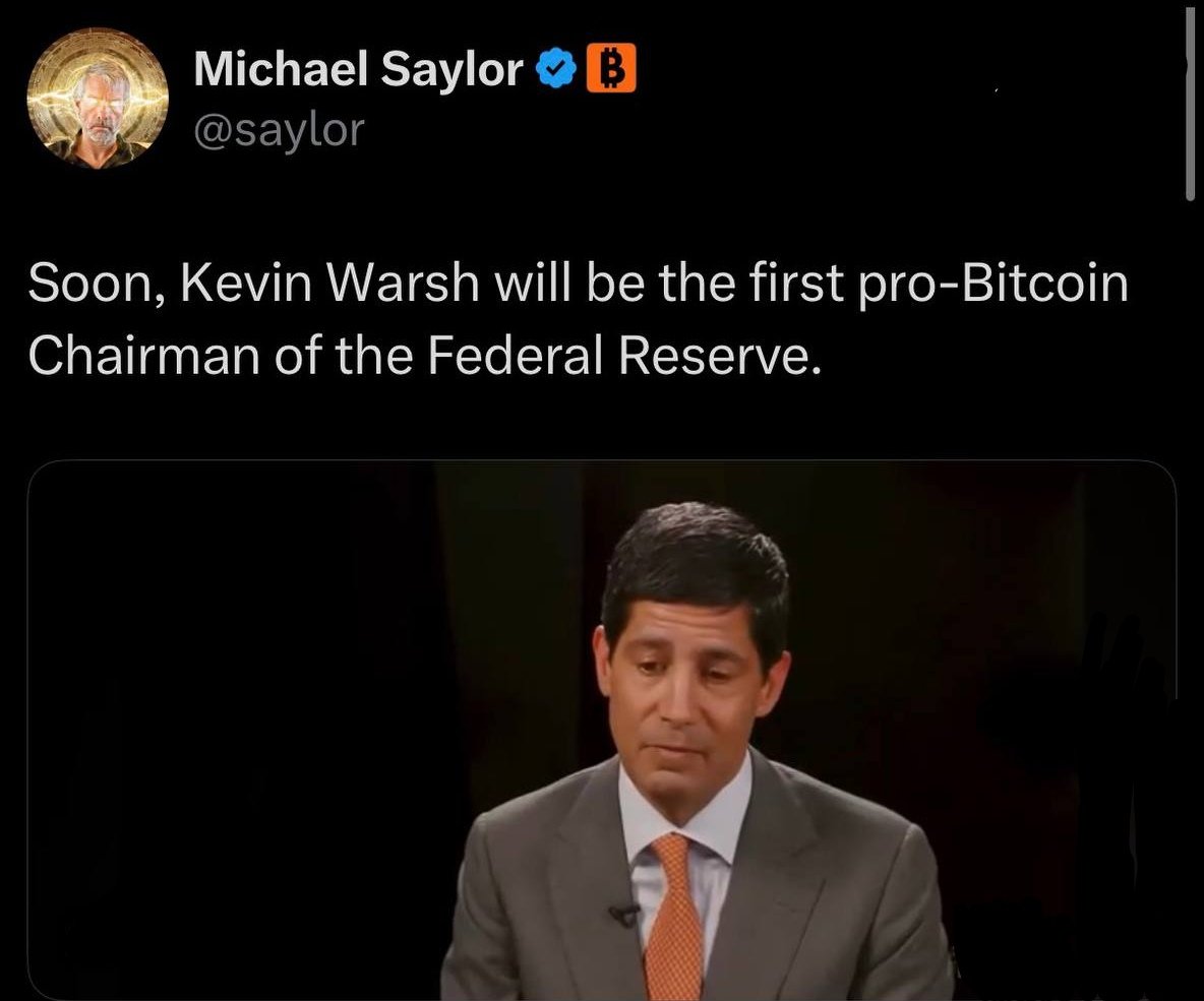 Catiebristow_X's tweet image. 📌 MICHAEL SAYLOR SAYS:

"SOON, KEVIN WARSH WILL BE THE FIRST PRO-BITCOIN CHAIRMAN OF THE FEDERAL RESERVE." 🚀

#Bitcoin #Crypto #FinancialRevolution #Fed #Saylor #KevinWarsh