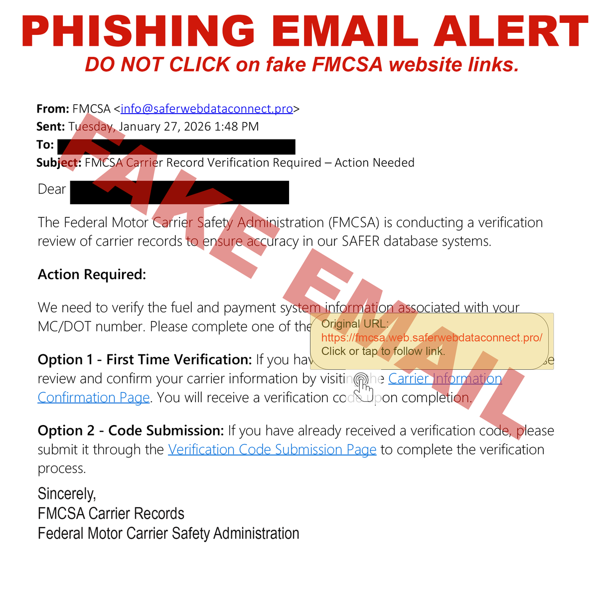 FMCSA's tweet image. 🚨Recent phishing targets motor carriers. Official FMCSA emails almost always use .gov. In special cases (like surveys after Contact Center calls), emails from non-.gov addresses only ask for feedback. Don’t trust unsolicited requests for info. Report: ask.fmcsa.dot.gov &amp;amp;…