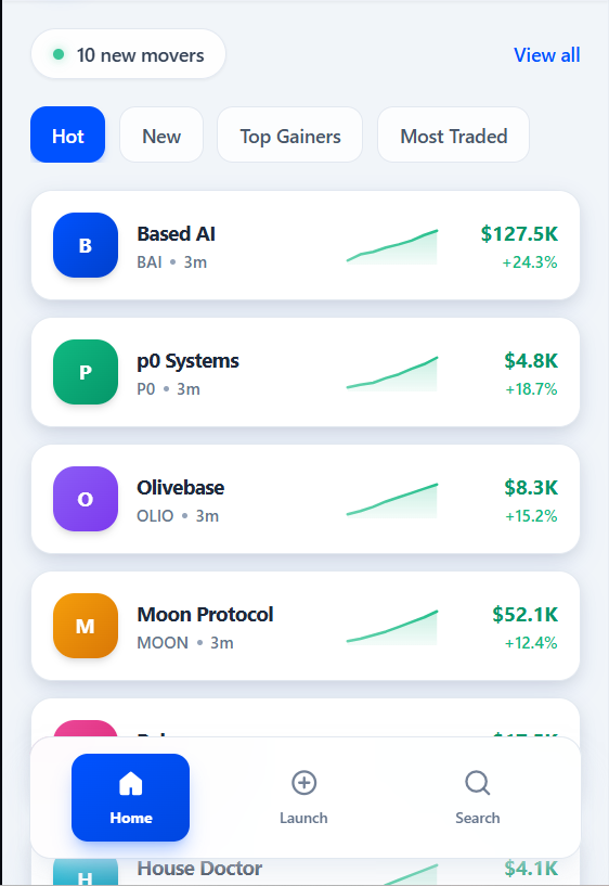 DAY 4
Building a Memecoin Launcher on Base (Daily POW)

Today felt like a real step forward the app is finally starting to look like a real memecoin launcher instead of a prototype. I built out the token discovery UI with Hot, New, Top Gainers, and Most Traded tabs, added token