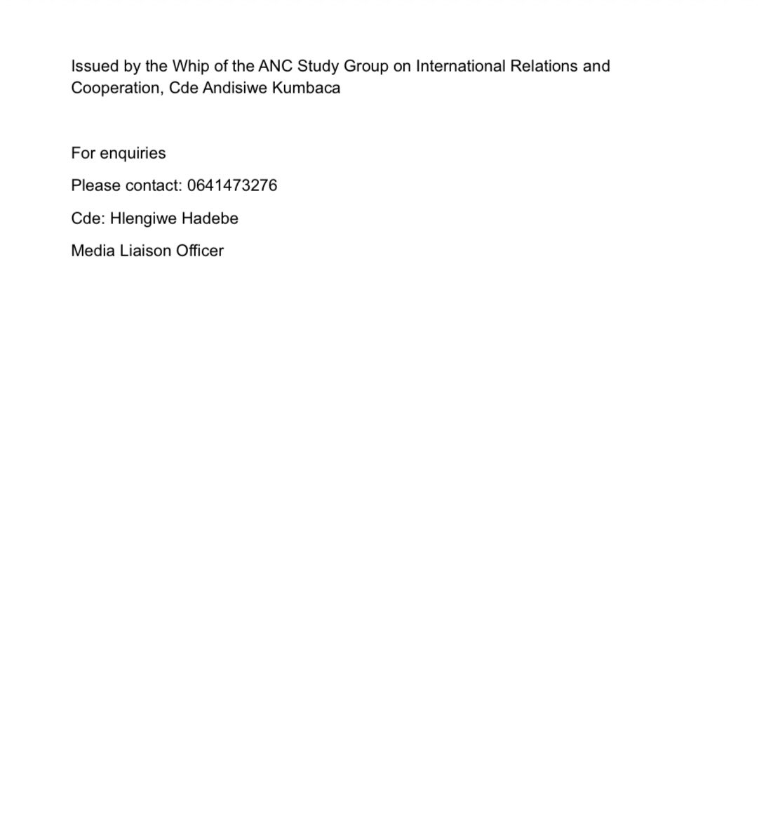 ANC STUDY GROUP ON INTERNATIONAL RELATIONS WELCOMES THE DECLARATION OF THE ISRAELI CHARGÉ D’AFFAIRES AS PERSONA NON GRATA