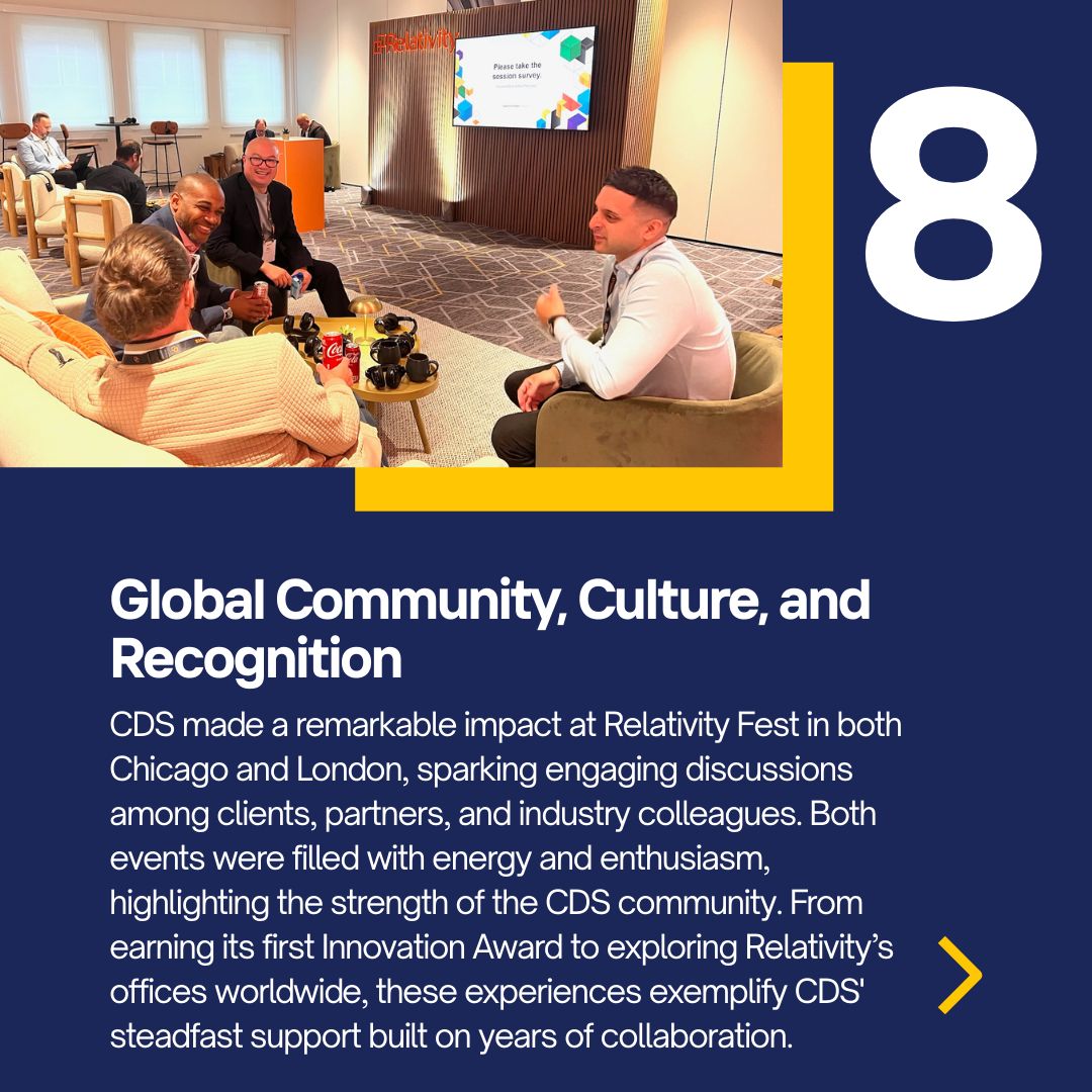 Highlight #8 of 2025: Showing up where it matters. 🌍
From Relativity Fest Chicago to Relativity Fest London, CDS connected with clients and partners across two global stages, building community and celebrating real momentum. Find out more: cdslegal.com/insights/2025-…