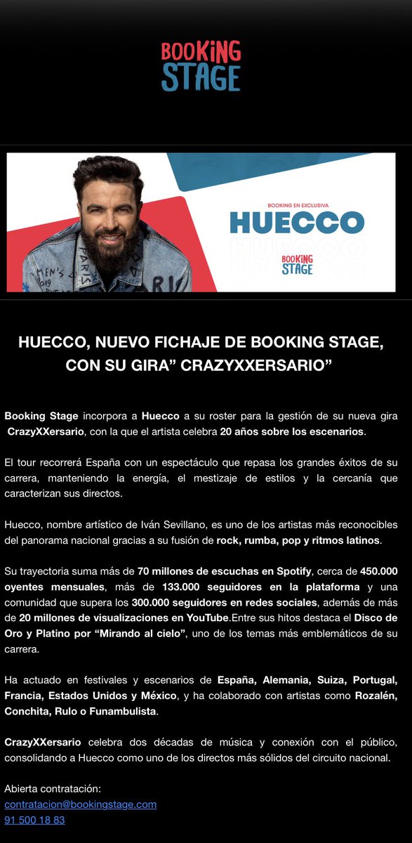 Juntando piezas del puzzle! Un placer ser el pegamento entre <a href="/Huecco/">HUECCO</a> y #Bookingstage para trabajar juntos en la gira #CrazyXXersario por sus 20 años como #Huecco  Gracias a todo el equipo y en especial a Carlos Escobosa por confiar en nosotros 🙌🏽 #Let’sgo 🎶