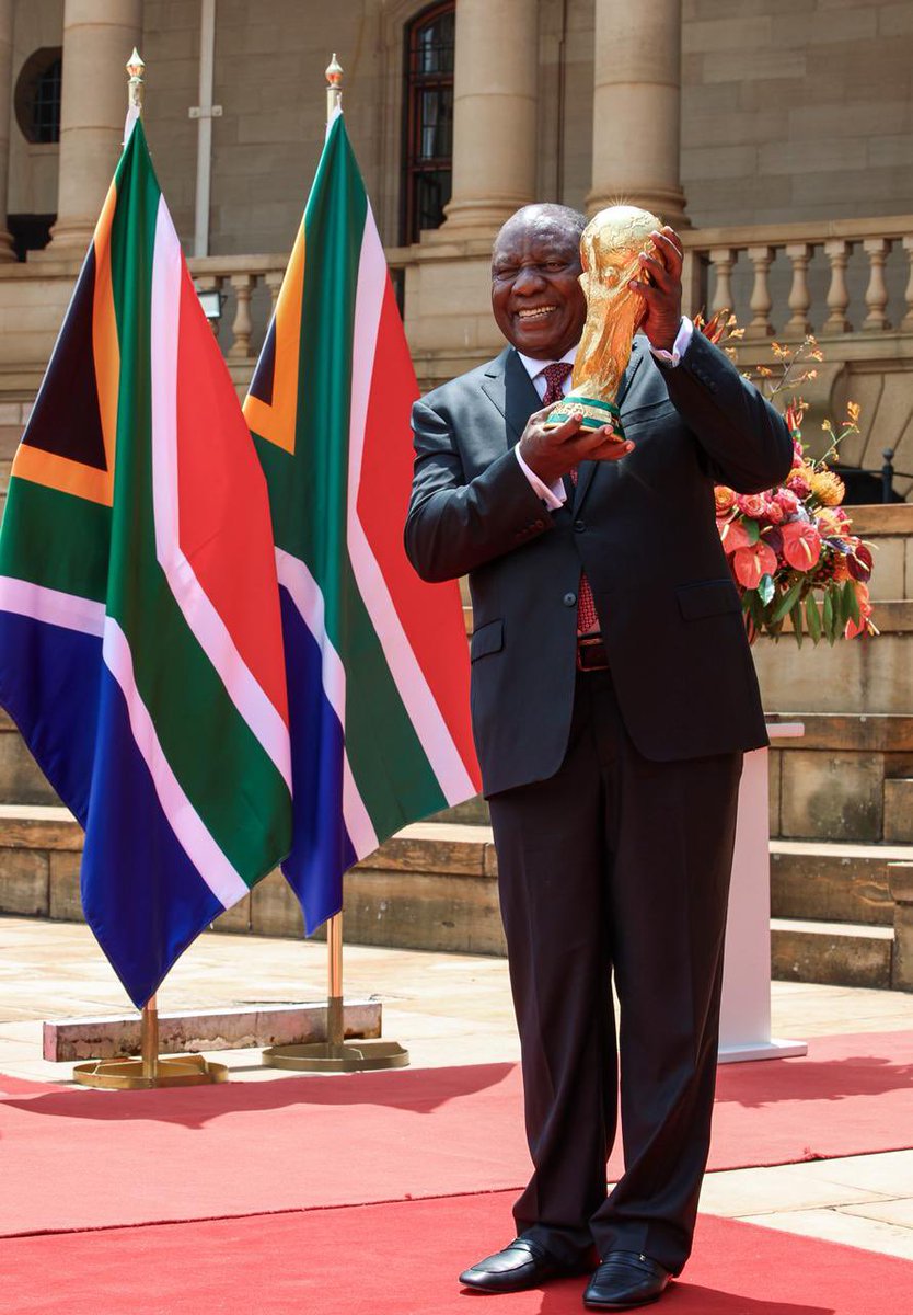 PresidencyZA's tweet photo. 🇿🇦President @CyrilRamaphosa with the FIFA World Cup™️ Original Trophy during the FIFA World Cup™️ 2026 SA Trophy Tour held at the Nelson Mandela Amphitheatre at the Union Buildings.

The Trophy’s arrival represents hope, pride, memory, and momentum. It marks the symbolic beginning of South Africa’s return to the FIFA World Cup™️, a moment in which the future of South African football is placed, both physically and emotionally, into the hands of its people.

#FIFAWorldCup 🏆🇿🇦