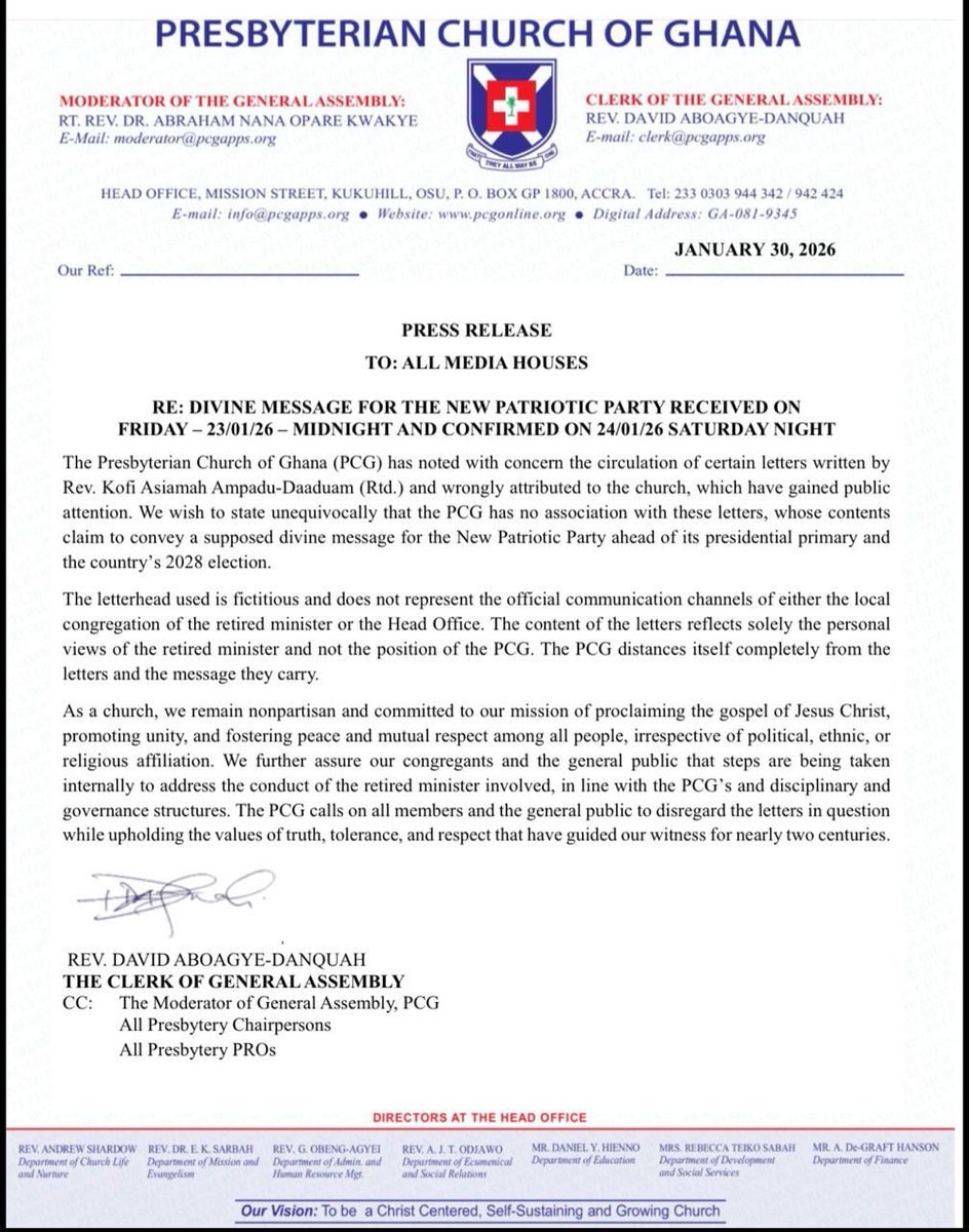 kwakuasanteb's tweet photo. The Presbyterian Church of Ghana has dissociated itself from the contents of the letter authored by the retired pastor. https://t.co/4Gh1d7UOQe
