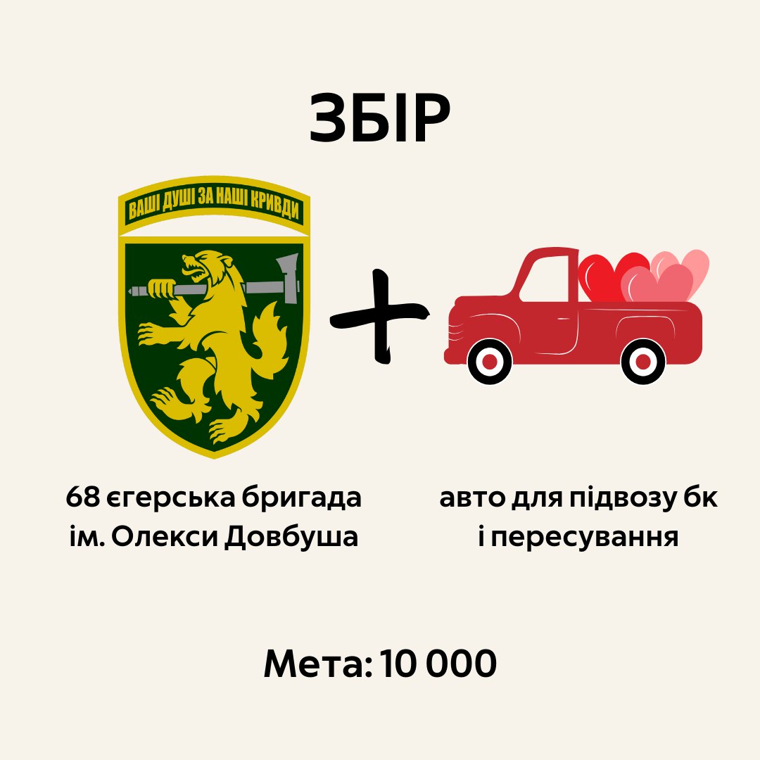 Збираю на тачку для 68 єгерської штурмової бригади ім. О Довбуша, для взводу глибочанина Миколи Колотила. За донат кратний 50 грн ми з мамою спечемо і розіграємо правдиву буковинську на́чинку🎂
Шановні гості дорога родино прошу долучатися!
send.monobank.ua/jar/XFukazou8