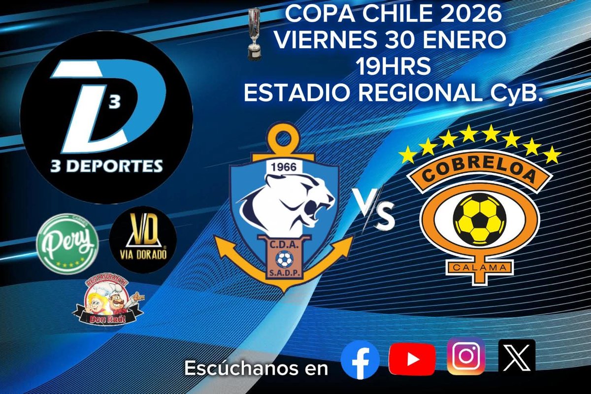 Hoy 18:40hrs #CDAx3DEPORTES 
#COPACHILE 2026
<a href="/ClubAntofagasta/">C.D. Antofagasta</a> vs <a href="/Cobreloa_SADP/">Cobreloa</a>
⚽⚽🎙️🎙️🎧🎧📻📻🐾🐾

#antofagasta #calama #chile 

3deportes.com