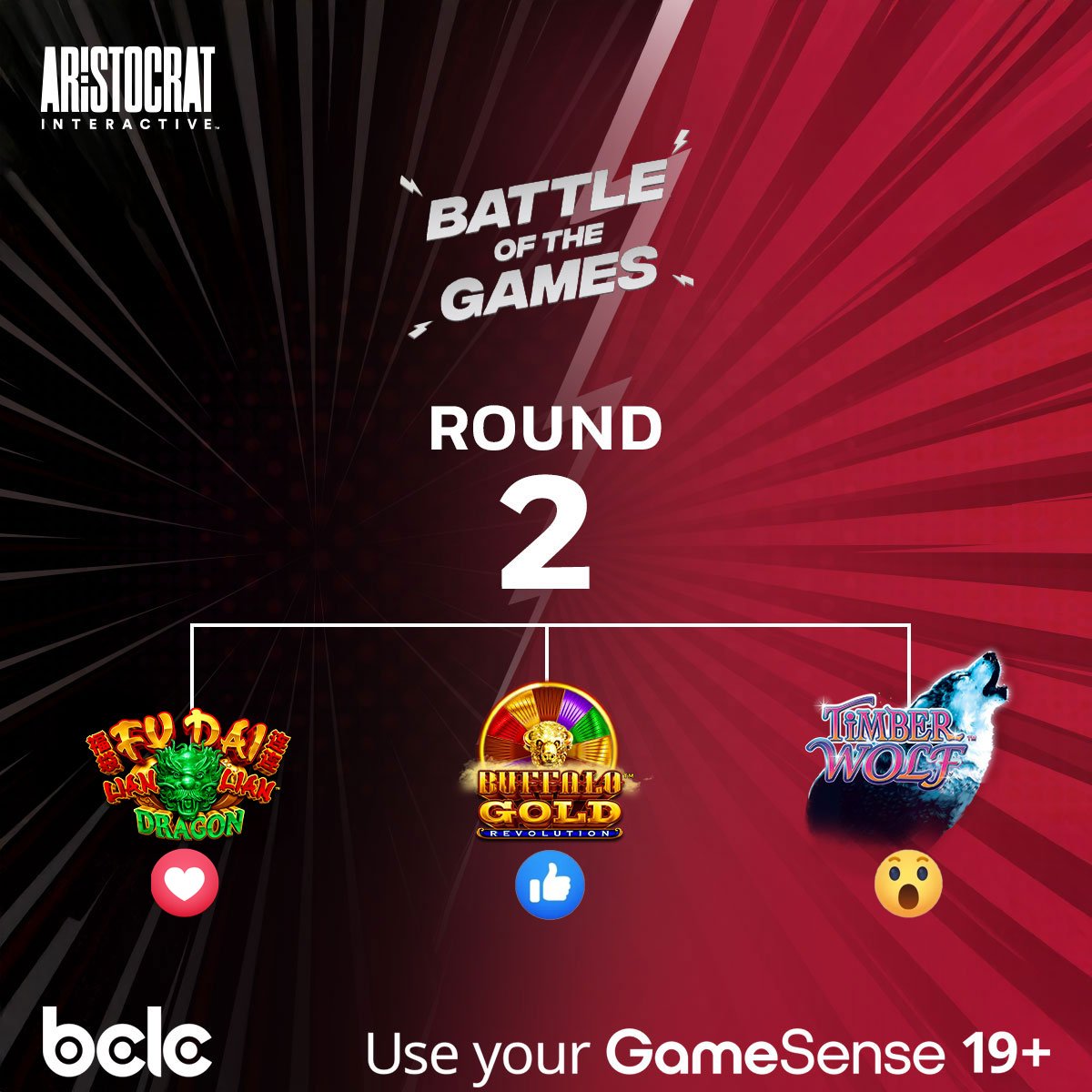 React to vote for your favourite game!

Now it's a battle between Fu Dai Lian Lian Dragon, Timber Wolf and Buffalo Gold. The winning game earns you a $5 casino bonus per round. 19+