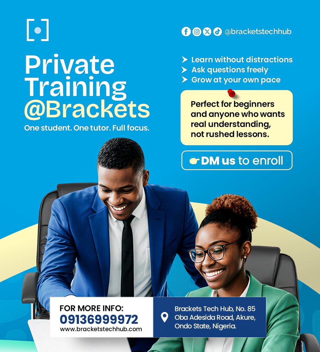 bracketstechhub's tweet photo. Not everyone learns well in crowded classes.
Some people need full attention and a calm space to really understand.
That’s what Private Training at Brackets Tech Hub is about.
Feb private classes start next week.
Call/WhatsApp 09136999972

Shakiti Wike Ebonyi PayPal Fubara DICON https://t.co/pu2RYp8oiz