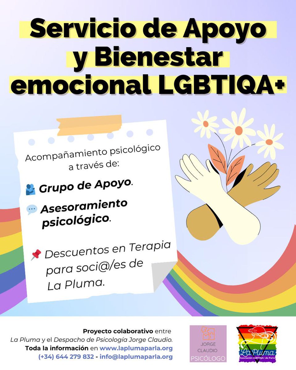 laplumaparla's tweet image. ‼️ ¡NOTICIÓN! A partir del próximo mes de febrero en #Parla: SERVICIO DE APOYO Y BIENESTAR EMOCIONAL #LGBTIQA+. Colaboración con @JorgeCPsicologo.

✅#GrupoDeApoyo mensual* y #AsesoramientoPsicológicoLGBTIQA+ individualizado: 100% gratuito, confidencial y *bajo inscripción.

⬇️🧵