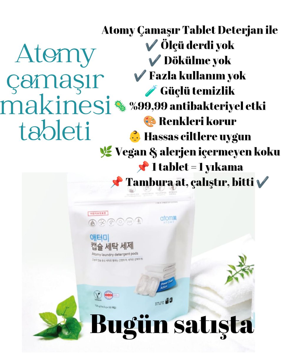 Tek kapsül maksimum temizlik
Atomy çamaşır makinası deterjanı
100 adet 1 pakette 100 adet 🙏🏻🫰🏻🩵