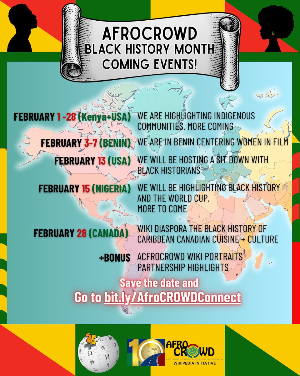 afroCROWDit's tweet photo. This February, Black History Month at AfroCROWD hits the ground running with a packed schedule dedicated to celebrating and documenting Black excellence. Interested in participating? Go to https://t.co/yFTbw8koIV and save the dates below! 

February 1st to March 1st in New York, Kenya and other locations, we will join forces with Wiki Loves Folklore to celebrate indigenous communities. More on this soon.

February 3rd, we are in Benin, celebrating Black women in Film.

February 13th, Local Research: We’re back in the US visiting Connecticut Black historians.

February 11th: The world cup is coming to North America. We are getting ready in the most Wiki way by exploring the players and the places that reared them More soon on this exciting new international project: AfroCROWD Wiki Loves World Cup Project.

February 28th: Wrapping up the month, join us in Toronto, Canada as we celebrate the history and impact of Caribbean Diaspora through Cuisine. Come try some good food with us and WikiClub Toronto, WikiCaribbean, and Wikimedia Canada -- yummy!

Bonus: Follow this space for more on our Black Excellence Project and partnership with WikiPortraits.

@wikimediafoundation @wikipedia @wikicommons #BlackHistoryMonth #BHM2026 #AfricanDiaspora #KnowledgeEquity #RepresentationMatters #BlackExcellence #Wikimedia #PreserveTheStory #GlobalBlackHistory #Wikimedia #LagosToNYC #BlackPowerSummit #Sundance2026 #OurStoriesMatter