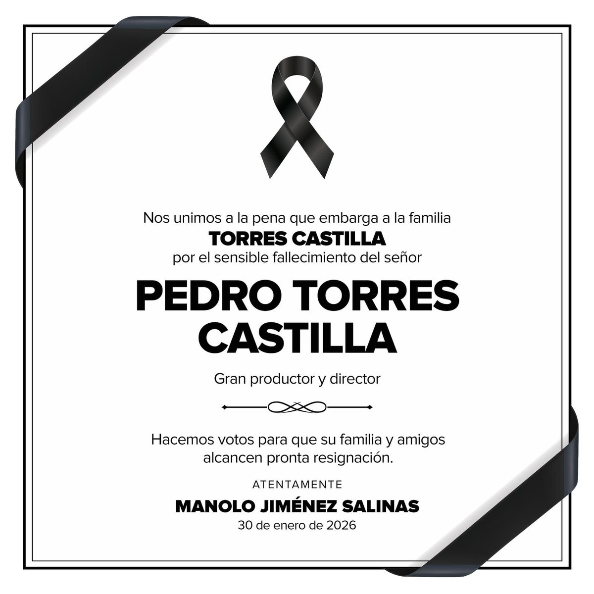 manolojim's tweet photo. Lamento profundamente el sensible fallecimiento de Don Pedro Torres Castilla, un gran productor y director saltillense. Nuestro más sentido pésame para su familia y sus seres queridos. Descanse en paz. 🙏🏼 https://t.co/5vflWui6AK