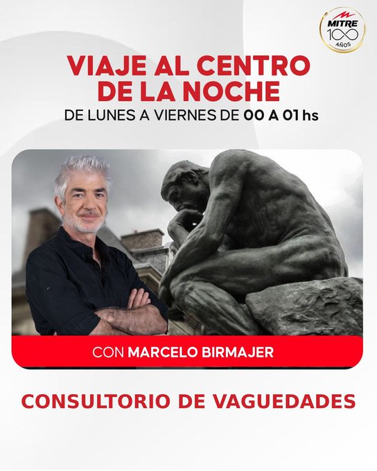 🔊 Esta medianoche en "Viaje al centro de la noche": El consultorio de vaguedades.
¡No se lo pierdan!
Viaje al centro de la noche 🌙
Con <a href="/BirmajerOk/">Marcelo Birmajer</a>
⏰ De 00 a 01 horas
Juntos, Somos Mitre 📻🎙️