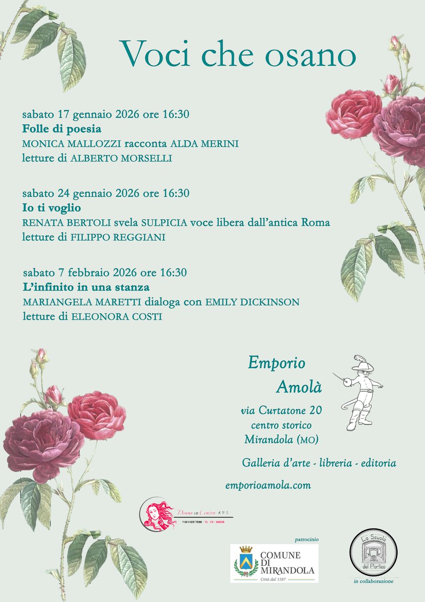 VOCI CHE OSANO invito al terzo incontro L'INFINITO IN UNA STANZA Mariangela Maretti dialoga con Emily Dickinson - letture di Eleonora Costi - sabato 7 febbraio 2026 ore 16:30 Emporio Amolà Mirandola
