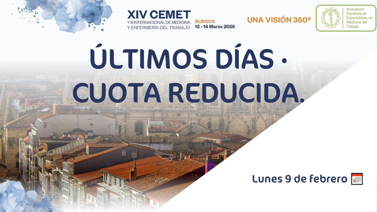 ⏰ ÚLTIMOS DÍAS · CUOTA REDUCIDA | XIV CEMET 2026
Aprovecha los últimos días para inscribirte al XIV Congreso CEMET 2026 con cuota reducida.

📅 Fecha de cambio de cuota: 09 de febrero
🎯 No dejes pasar esta oportunidad.

🔗 Inscripciones:
 xivcemet2026.aeemt.org/CEMET2026/insc…
#CEMET2026