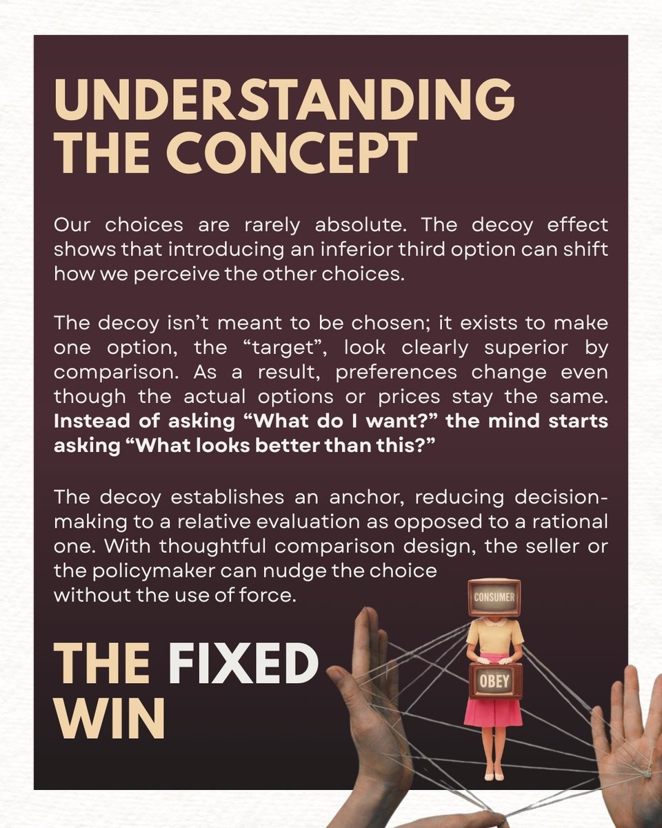 SRCCEcosoc's tweet photo. How often do our choices change just because an extra option exists? 

Swipe to uncover how the decoy effect influences consumer behaviour, reshapes preferences, and subtly guides decisions in markets, policies, and everyday life.

[Decoy Effect, Quirknomics, EcoSoc, SRCC, DU] https://t.co/FWl2b7o18N