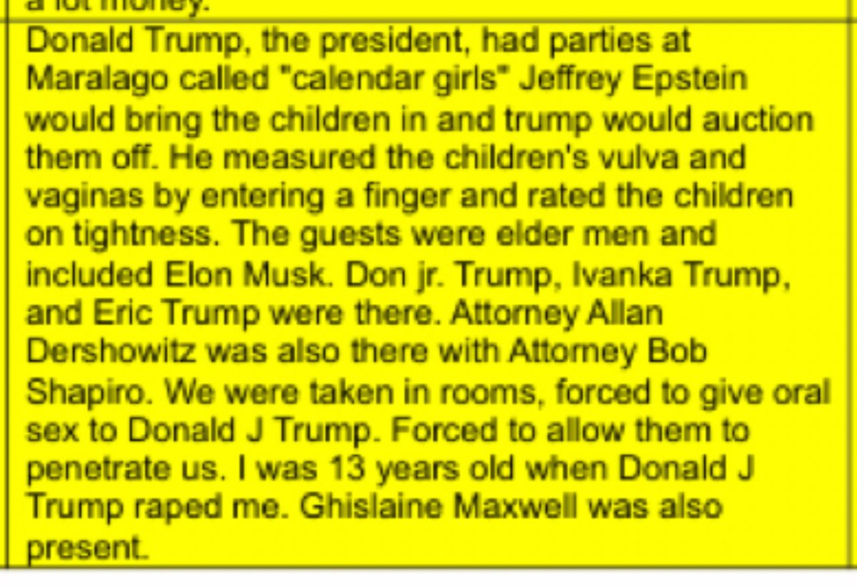 Holy shit! Elon, Eric Trump, Ivanka all present when they measured young girls vulvas. Trump inserted a finger to determine tightness.