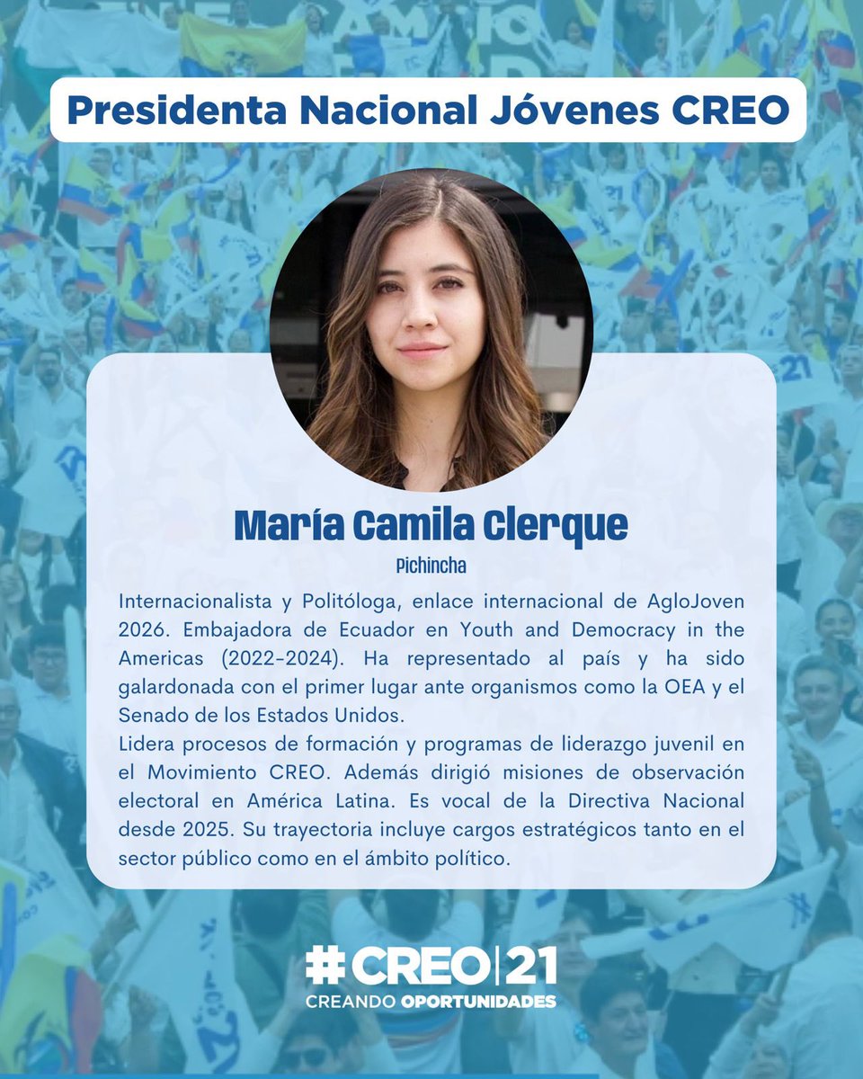 María Camila Clerque (<a href="/CamilaClerque/">María Camila Clerque 🇪🇨</a>) asume como Presidenta Nacional de Jóvenes <a href="/CREOEcuador/">Movimiento CREO Ecuador</a>.

Reconocemos y agradecemos el liderazgo de <a href="/SebaOchoaV/">Sebastian Ochoa</a> para fortalecer la organización juvenil.

Continuamos impulsando la participación y el liderazgo joven en todo el país. 🇪🇨