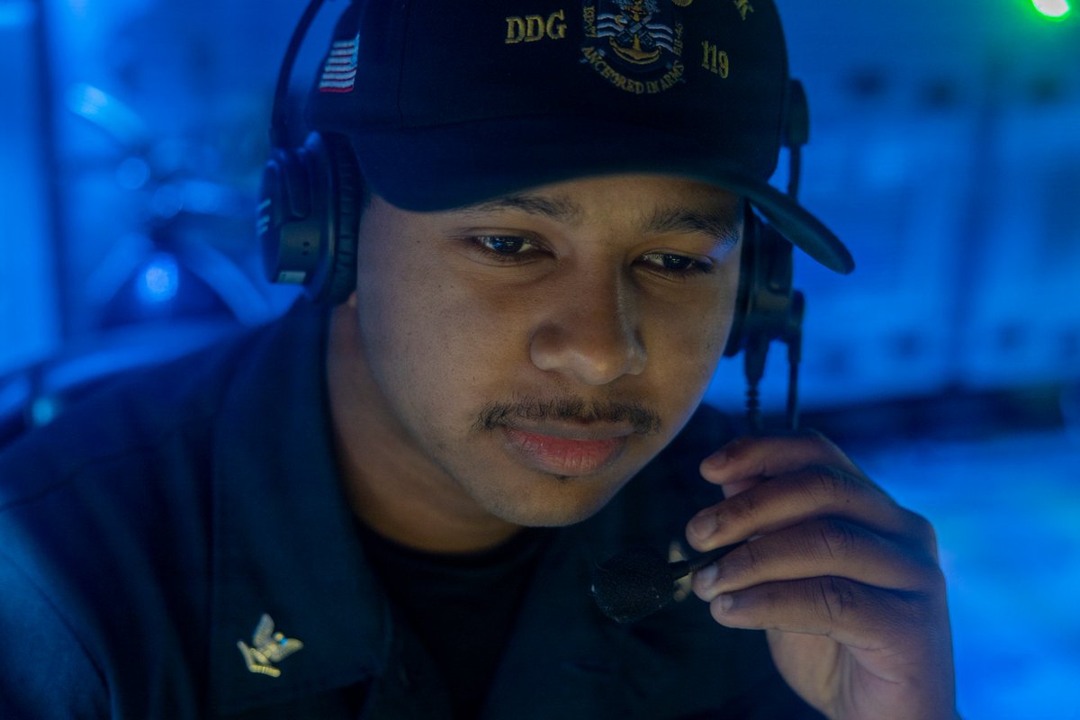 CENTCOM's tweet photo. U.S. Navy Sailors assigned to guided-missile destroyer USS Delbert D. Black (DDG 119) stand watch as the ship transits the Suez Canal, Jan. 28. Delbert D. Black is currently deployed to the U.S. 5th Fleet area of operations, supporting maritime security and stability within the Middle East.