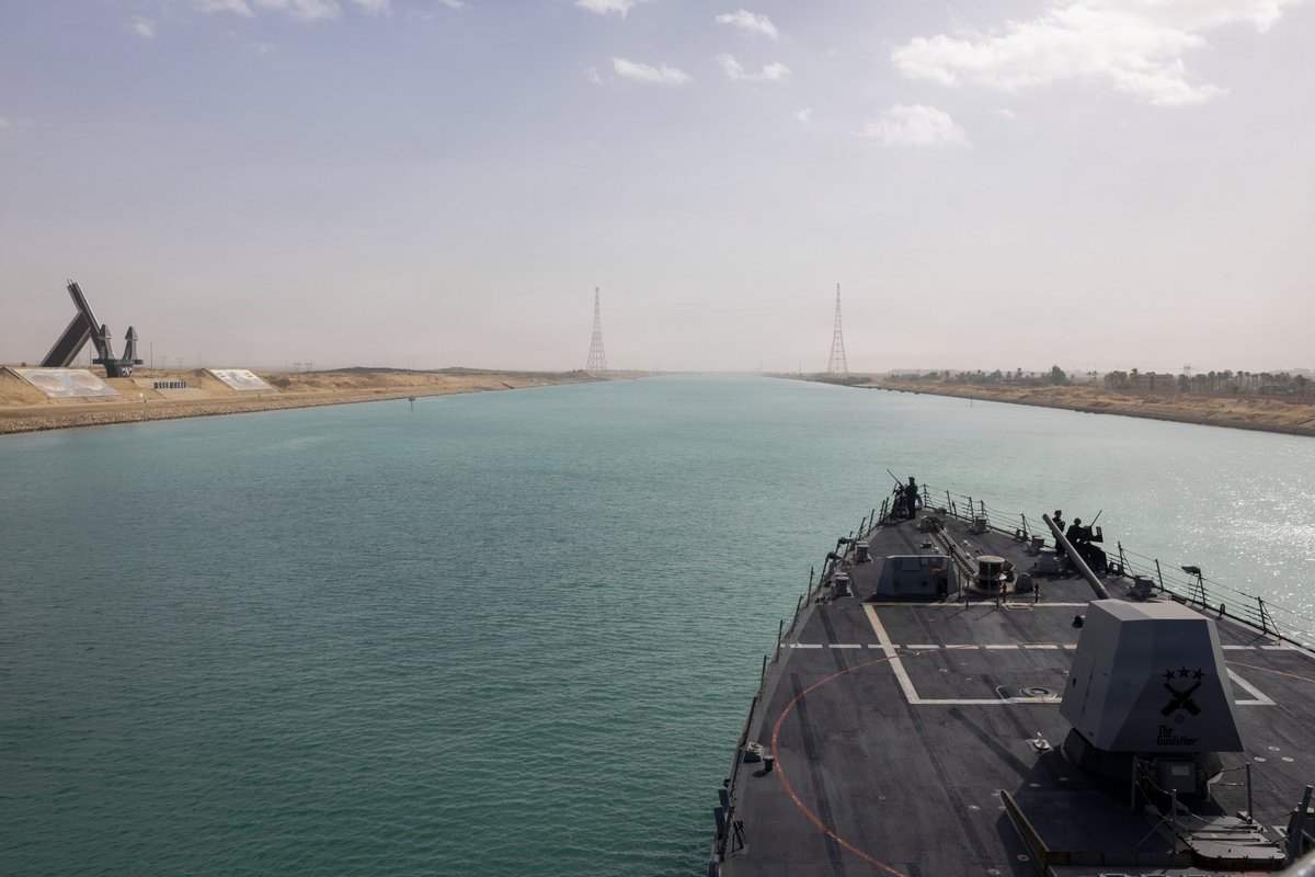 CENTCOM's tweet photo. U.S. Navy Sailors assigned to guided-missile destroyer USS Delbert D. Black (DDG 119) stand watch as the ship transits the Suez Canal, Jan. 28. Delbert D. Black is currently deployed to the U.S. 5th Fleet area of operations, supporting maritime security and stability within the Middle East.