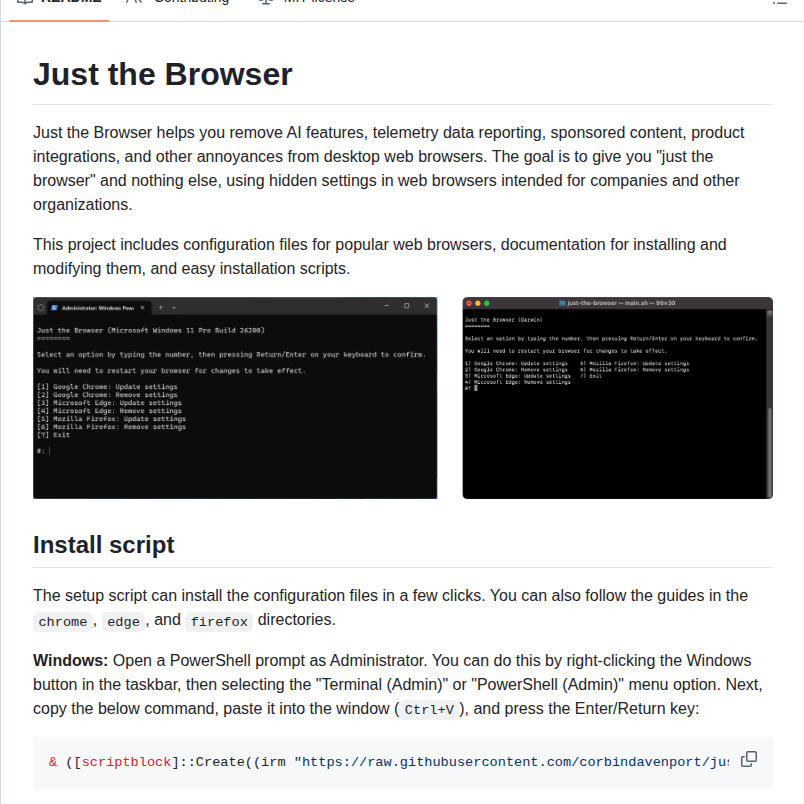 tom_doerr's tweet photo. Removes AI features and telemetry from browsers

https://t.co/CGFuq5LBAj https://t.co/noH1n4dnxM