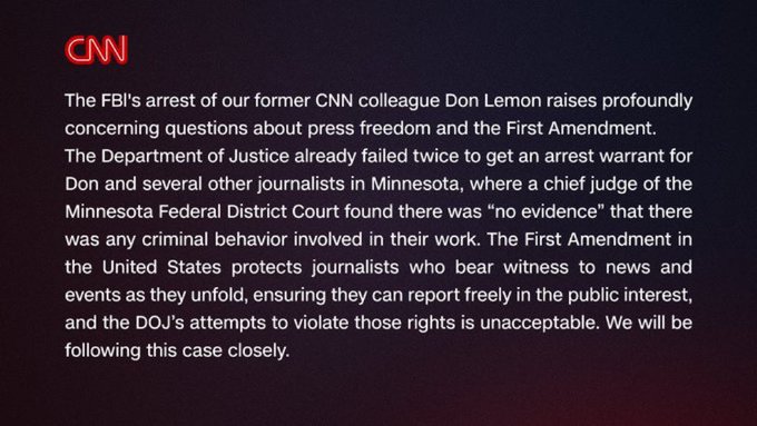 Cashloren's tweet image. Dear Fake News CNN. The First Amendment is not a get-out-of-jail-free card because someone is holding a camera and a microphone while committing a crime. 

Don Lemon is not above the law
