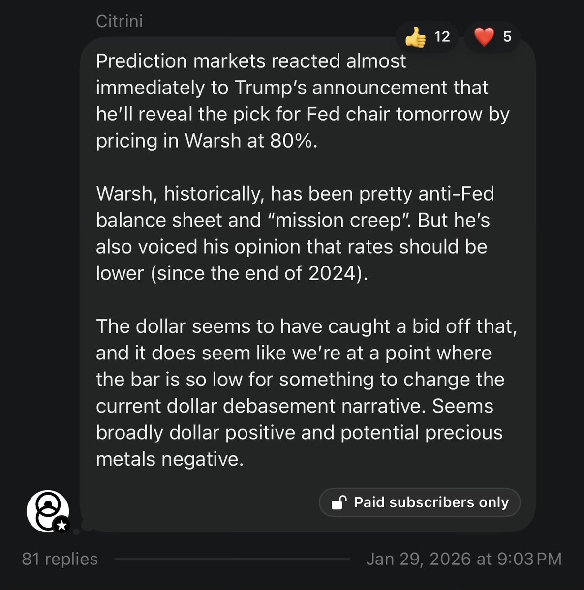 Sometimes you can really just read the headline and do the most first order thing and still make money.

Find out that Warsh is the new fed chair last night. Seems bad for precious metals and good for USD. Send it. No thought pretzel required.