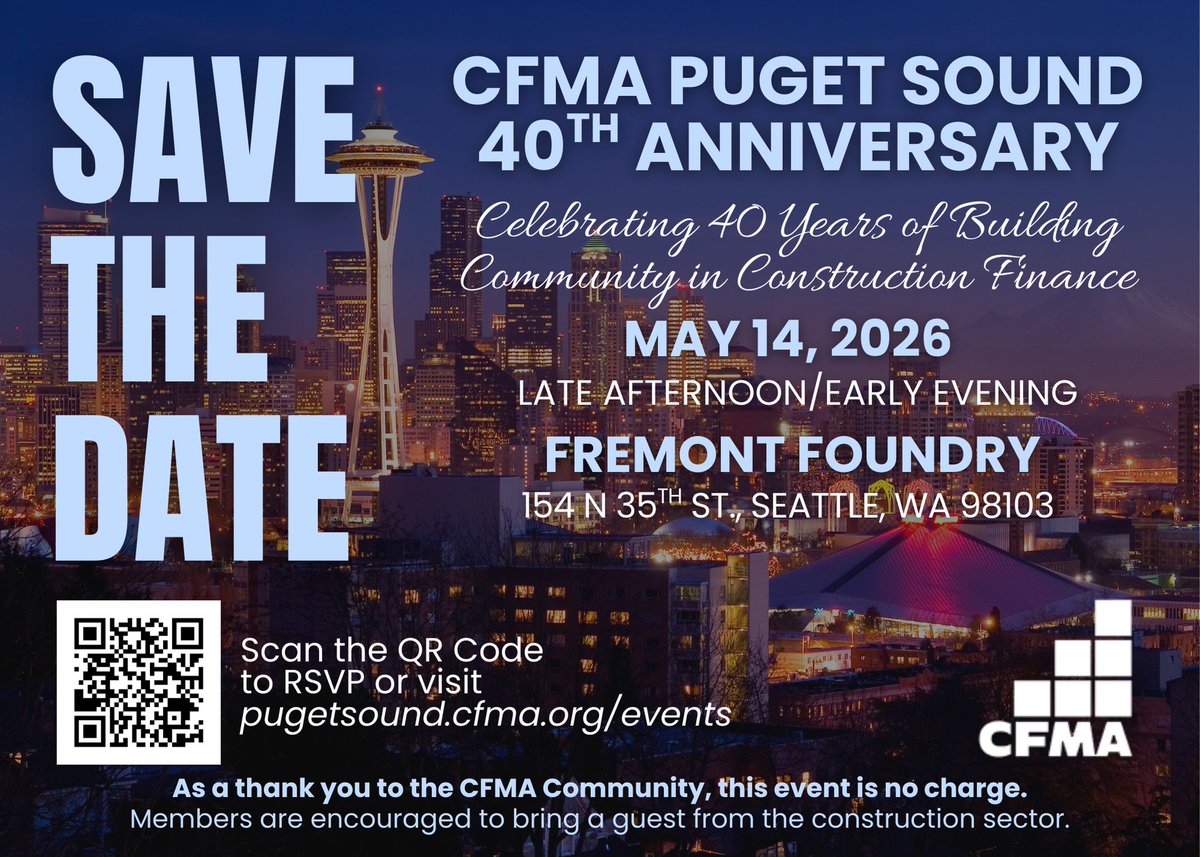 PugetSoundCFMA's tweet photo. 🎉 Save the Date! 🎉

🗓 Thursday, May 14, 2026
⏰ Late afternoon / early evening
📍 Fremont Foundry | 154 N 35th St., Seattle, WA 98103

Mark your calendar now — more details to come!  

#CFMAPugetSound #CFMA #CFMACommunity #SeattleEvents https://t.co/zfXjjjgNN5