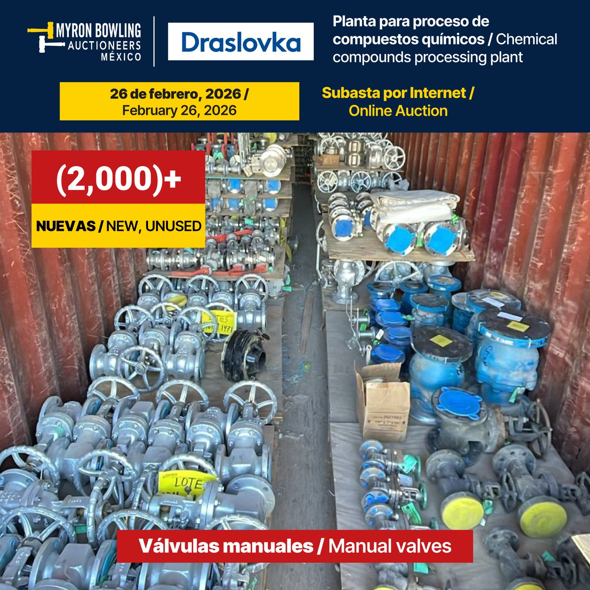 Más de 2,000 válvulas manuales estarán disponibles en subasta este 26 de febrero. Una excelente oportunidad para adquirir válvulas industriales de distintos tipos, tamaños y aplicaciones, ideales para procesos de control de flujo, mantenimiento y operación en diversos sectores