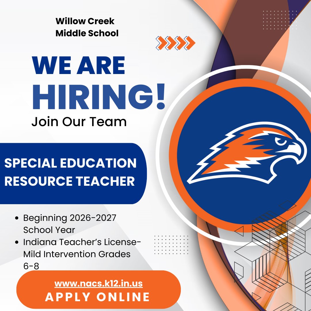WCMSThunderhawk's tweet photo. Now Hiring: Special Education Resource Teacher for the 2026-2027 school year!!
We’re seeking a dedicated educator to support and empower students through individualized instruction and collaboration. Apply Here: https://t.co/yegRA4Sfxg...
#WillowCreekMS #Thunderhawks https://t.co/ZGxlnXa36p