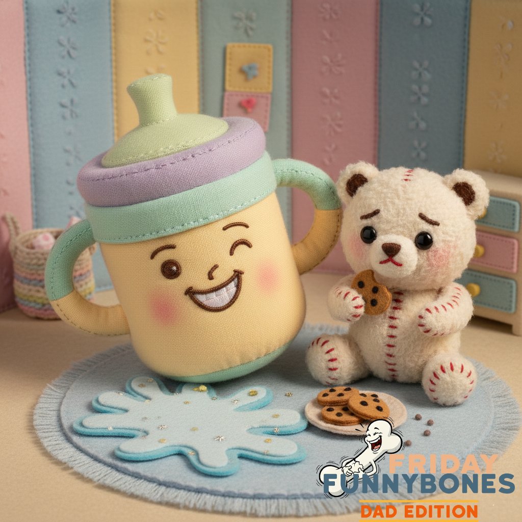UncleCadePNW's tweet photo. Tried teaching your sippy cup some responsibility, but it keeps spilling the tea and your juice like it’s testing both my patience and my laundry skills. And the cookies? You'll never guess. Of course Mr. Bear Bear swiped them—honey‑flavored, his absolute favorite.
#FFDE https://t.co/inyhOwmtfn