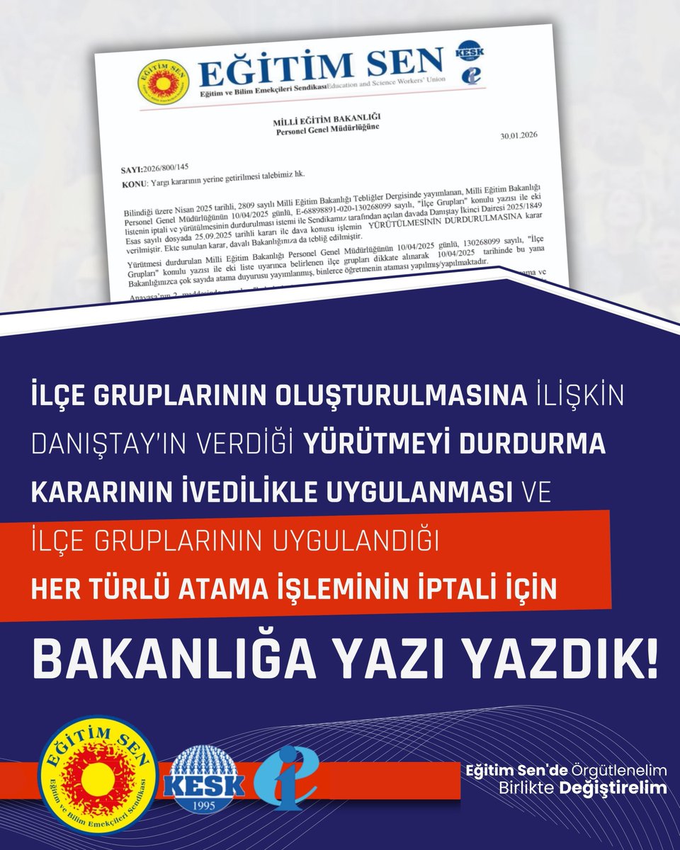egitimsen's tweet image. 🔴İlçe gruplarının oluşturulmasına ilişkin Danıştay'ın verdiği yürütmeyi durdurma kararının acilen uygulanması ve ilçe gruplarının uygulandığı her türlü atama işleminin iptali için MEB’e yazı yazdık.
egitimsen.org.tr/ilce-gruplarin…