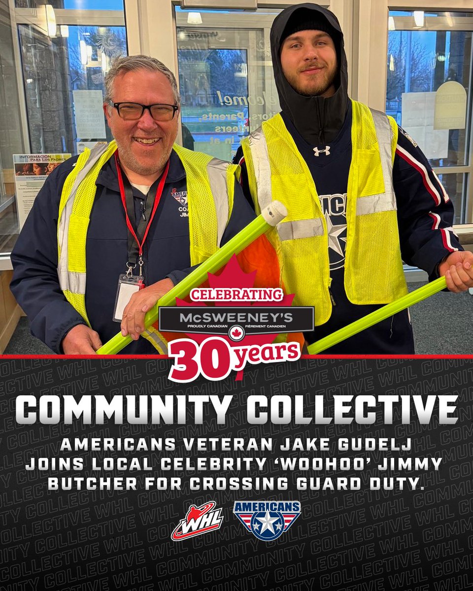 TheWHL's tweet photo. Through @CanadianJerky's #WHLCommunity Collective, we're showcasing initiatives and partnerships our teams are proud of.
Here's how @TCAmericans veteran Jake Gudelj joined local celebrity 'Woohoo' Jimmy Butcher for crossing guard duty!
π | https://t.co/UHA0R5APKp https://t.co/p0qDqpzlm1