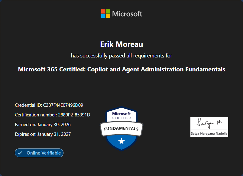 ErikMoreau's tweet image. Passed the AB‑900: Microsoft 365 Certified – Copilot and Agent Administration Fundamentals exam. Excited to use these new Copilot and Agent admin skills in practice. #AlwaysLearning #Copilot #AI @MicrosoftLearn