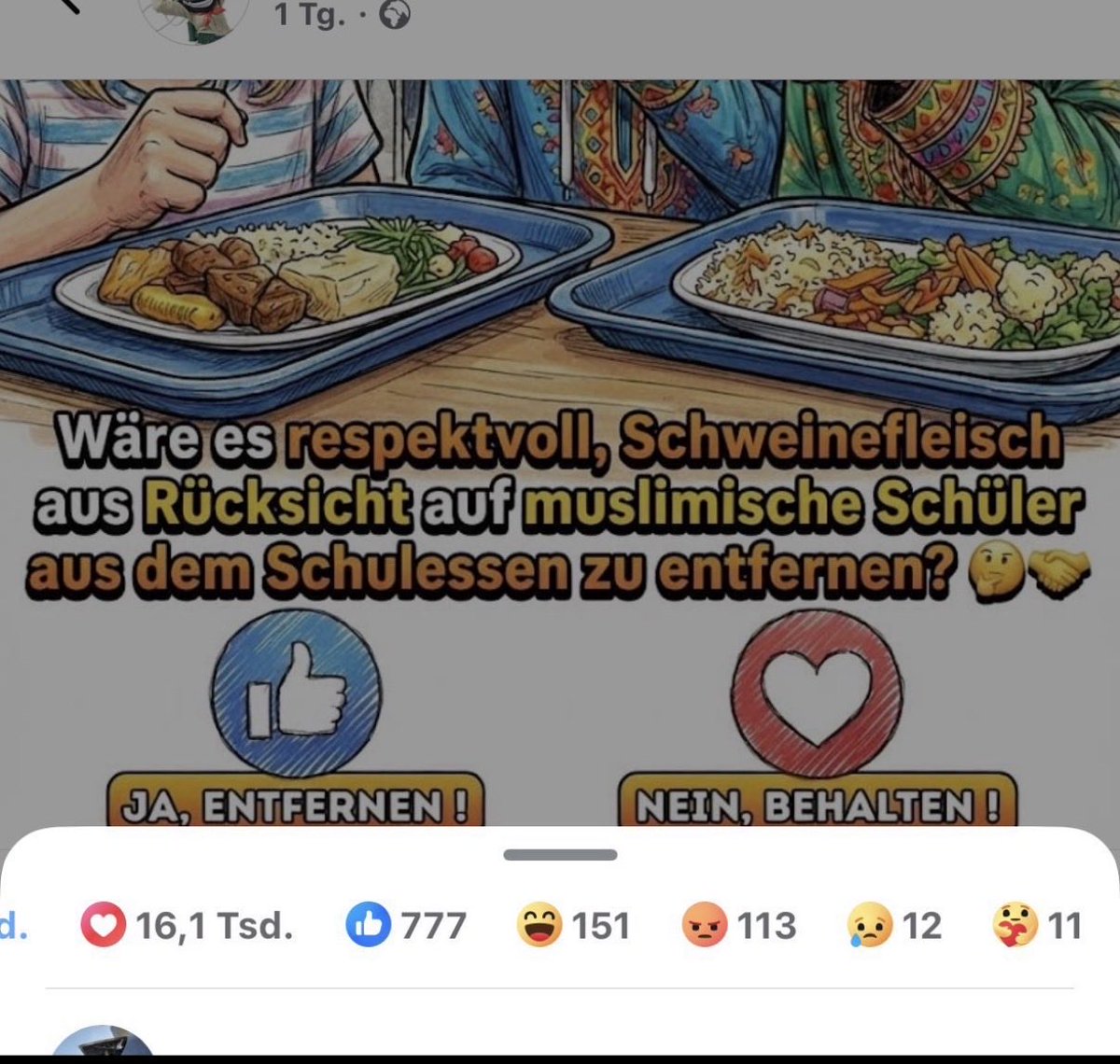 Meine Frau hat mir heute eine Umfrage auf Facebook geschickt.
Darin ging es um die Frage, ob man aus Respekt vor muslimischen Kulturen Schweinefleisch aus Schulmensen entfernen sollte.

Ich halte diesen Ansatz für grundlegend falsch.

Respekt bedeutet nicht, dass sich eine