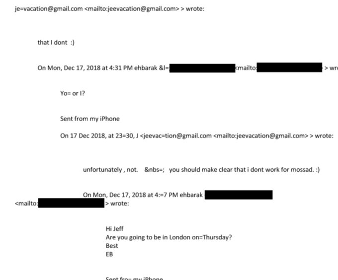 AFpost's tweet image. Epstein: “you should make clear that i dont work for mossad. :)”  

Former Israeli PM Ehud Barak: “You or I?”  

Epstein: “that I dont :)"

Follow: @AFpost