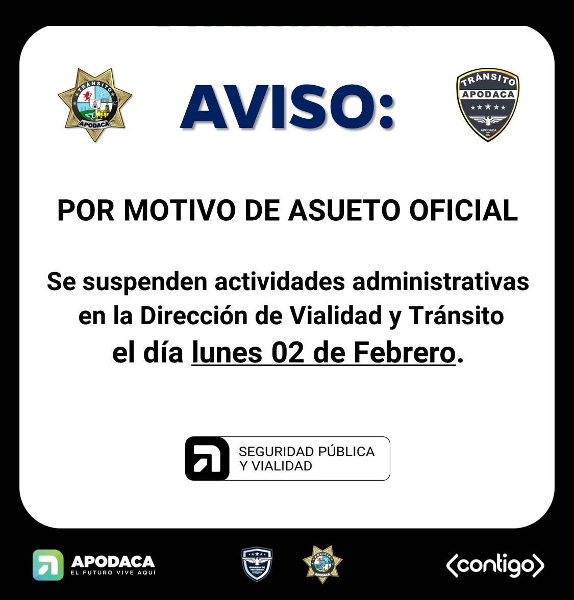 AVISO de suspensión de actividades administrativas en la Dirección de Vialidad y Tránsito.