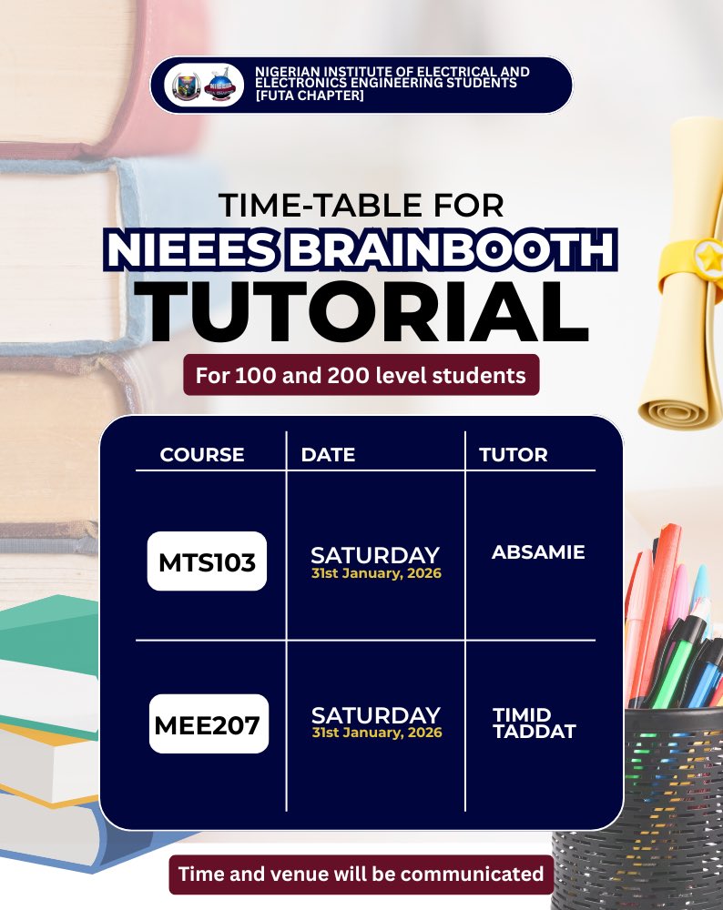 NIEEES_FUTA_'s tweet photo. MTS103
Time:12pm-3pm
Venue: SEET LR(old engineering building)

MEE207
Time: 3pm-6pm
Venue: SEET LR(old engineering building) https://t.co/852z8bGDd3
